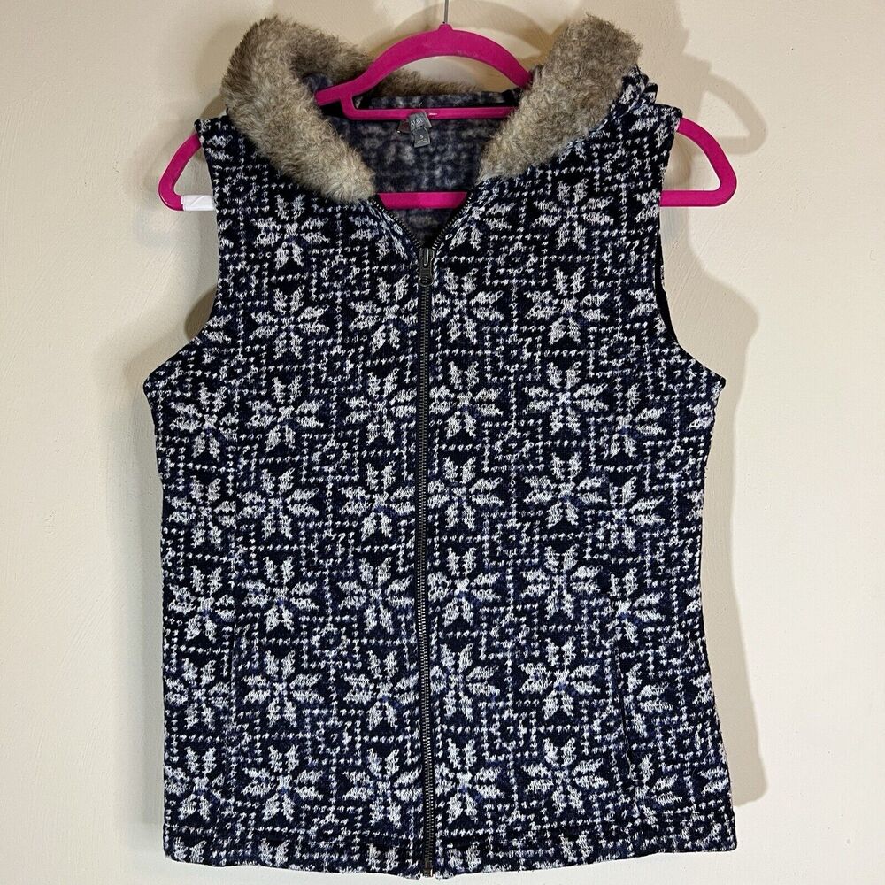 T by Talbots Knit Jacket Vest Womens Small Fleece Lined Faux Fur Snowflake Hood